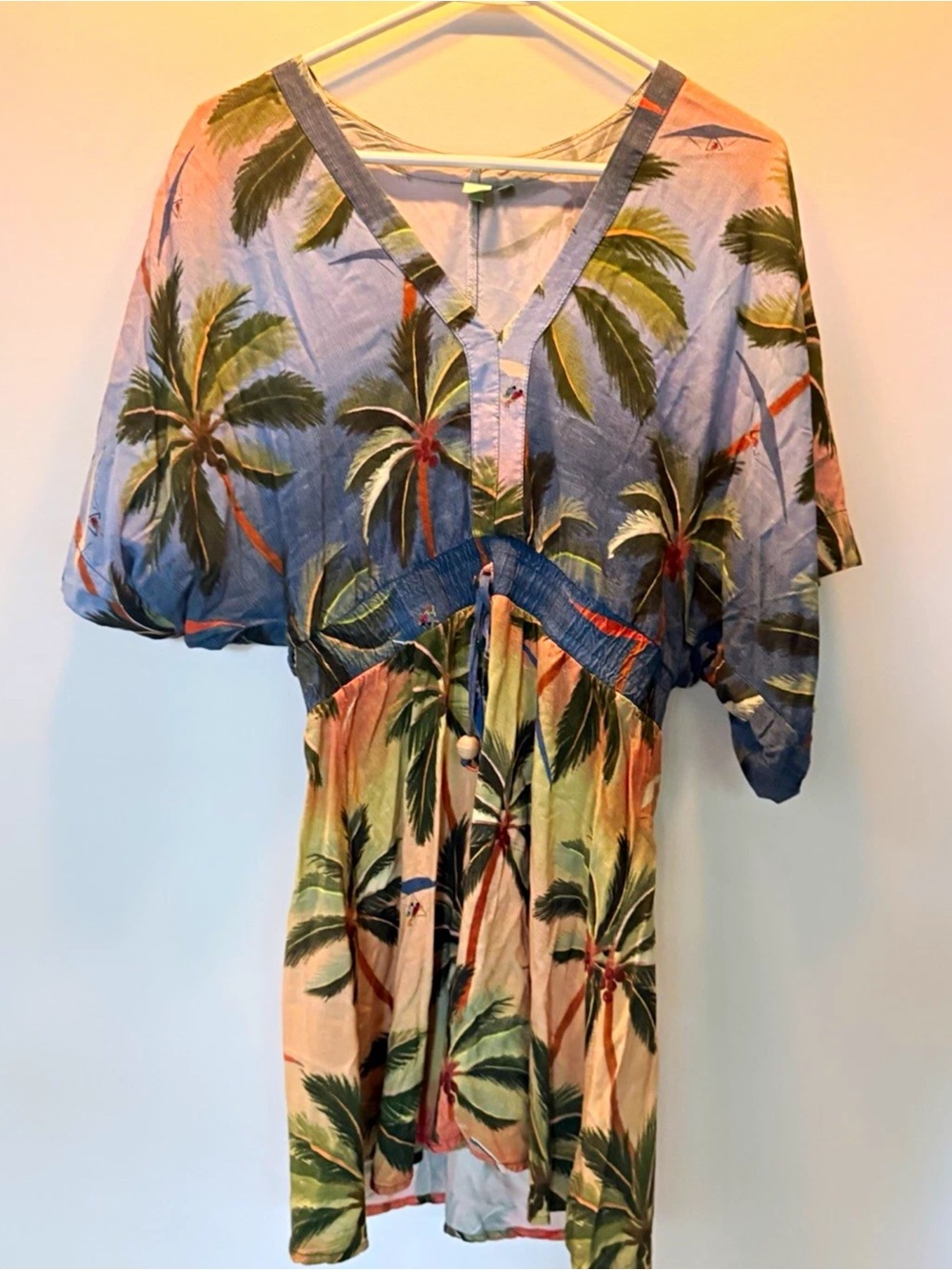 Farm Rio V-Neck Faux Tie Waist Short Sleeve Tropical Resort Cruis wear Dress cov - Picture 5 of 5